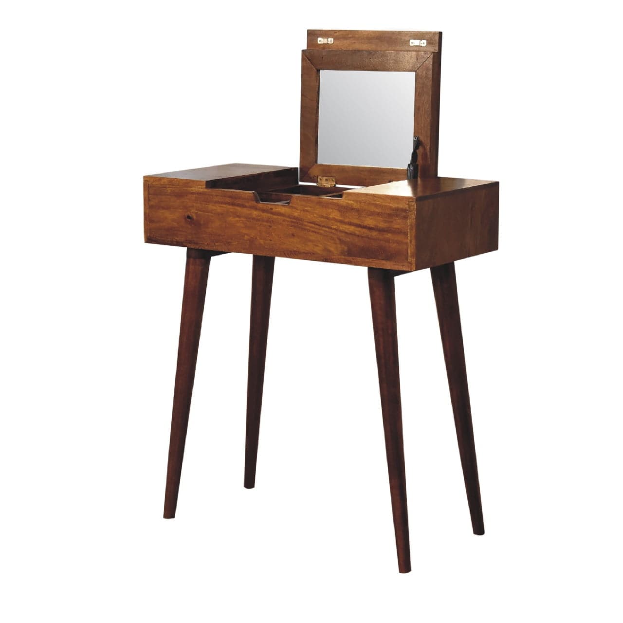 Mid-Century Modern Mini Chestnut Fold Dressing Table - Solid Mango Wood Vanity Table for Bedroom - product view 5 showing...