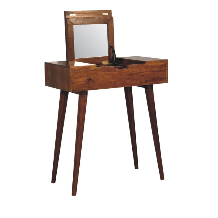 Mid-Century Modern Mini Chestnut Fold Dressing Table - Solid Mango Wood Vanity Table for Bedroom - product view 4 showing...