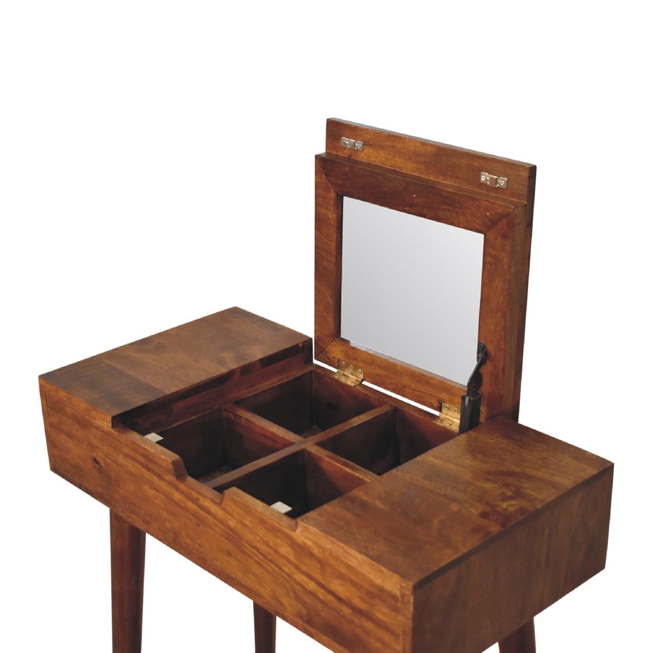Mid-Century Modern Mini Chestnut Fold Dressing Table - Solid Mango Wood Vanity Table for Bedroom - product view 8 showing...