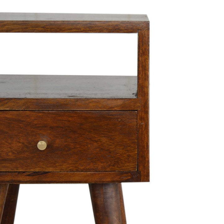 Mid-Century Modern Mini Chestnut Nightstand - Solid Mango Wood Bedside Table for Bedroom - product view 7 showing...