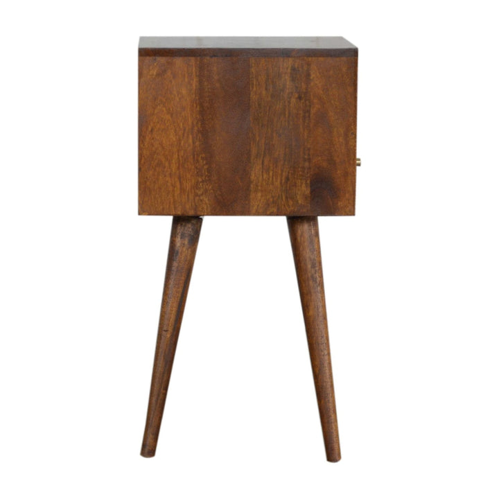 Mid-Century Modern Mini Chestnut Nightstand - Solid Mango Wood Bedside Table for Bedroom - product view 9 showing...