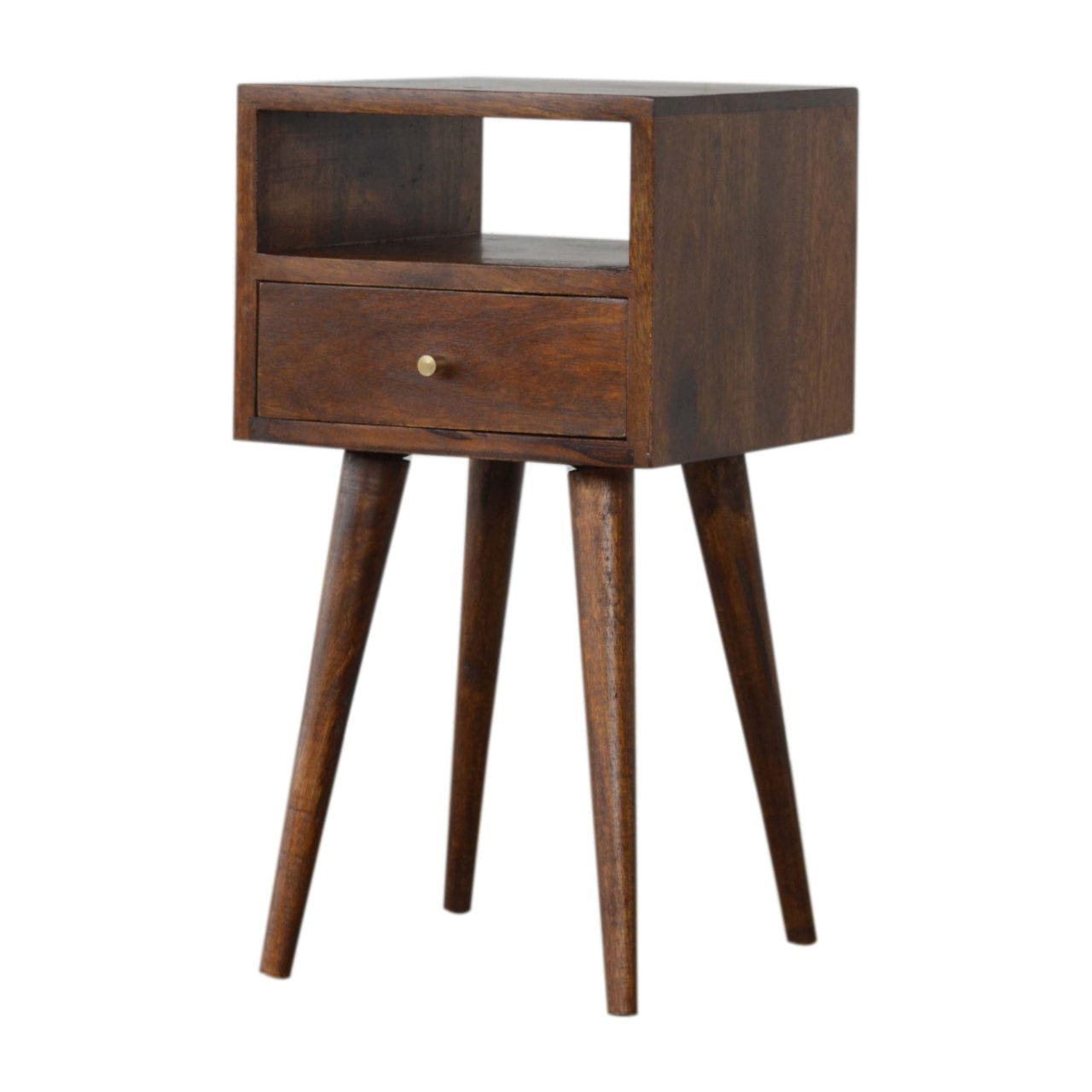 Mid-Century Modern Mini Chestnut Nightstand - Solid Mango Wood Bedside Table for Bedroom - product view 4 showing...