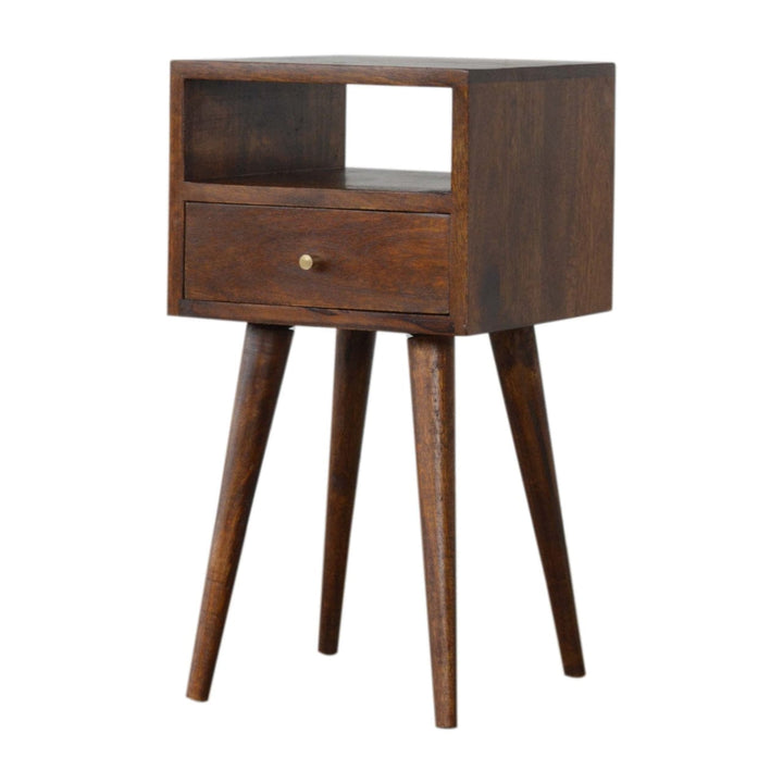 Mid-Century Modern Mini Chestnut Nightstand - Solid Mango Wood Bedside Table for Bedroom - product view 4 showing...