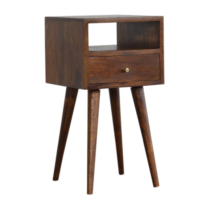 Mid-Century Modern Mini Chestnut Nightstand - Solid Mango Wood Bedside Table for Bedroom - product view 3 showing...