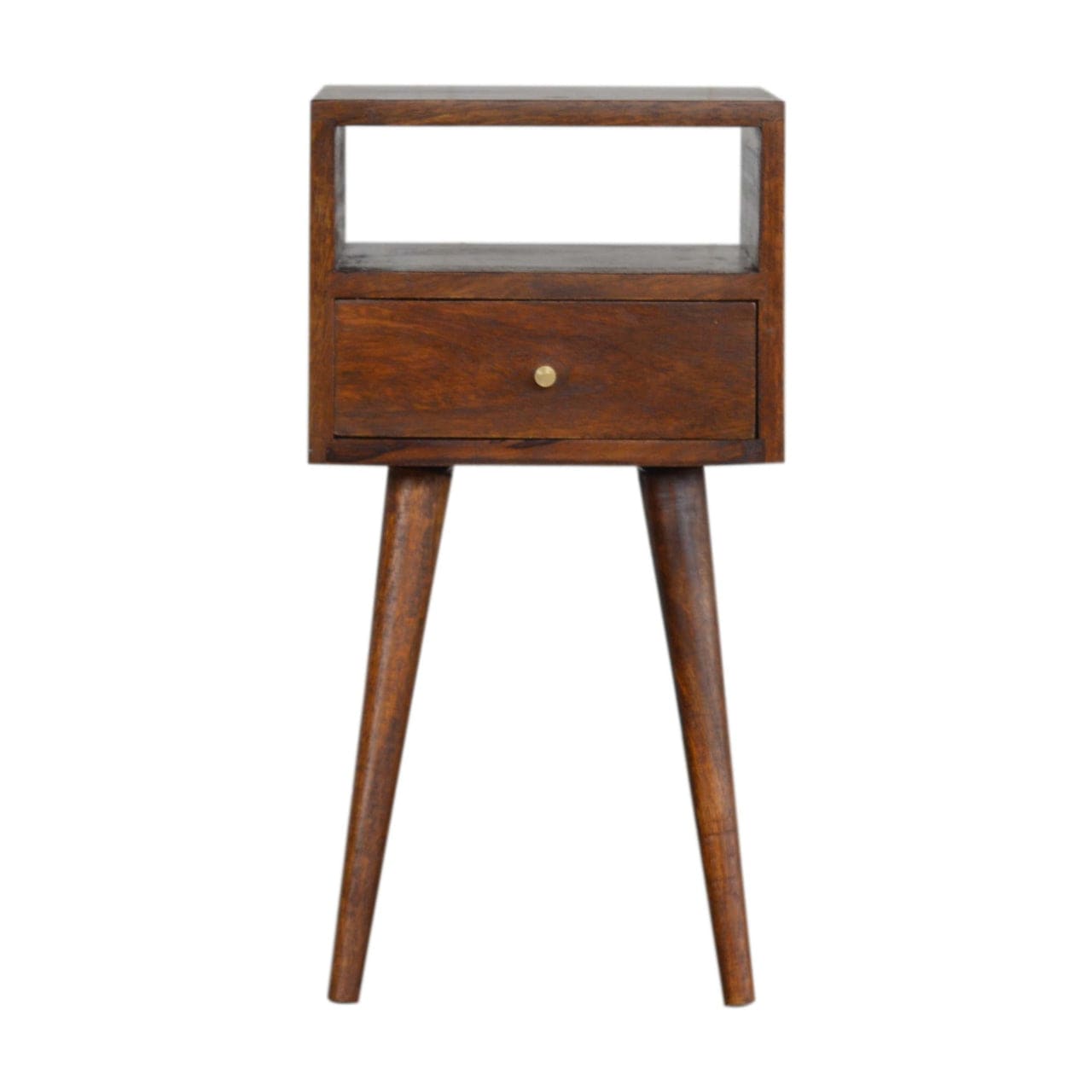 Mid-Century Modern Mini Chestnut Nightstand - Solid Mango Wood Bedside Table for Bedroom - product view 2 showing...