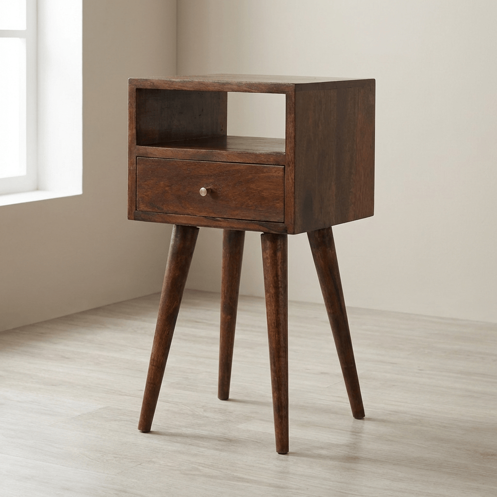 Mid-Century Modern Mini Chestnut Nightstand - Solid Mango Wood Bedside Table for Bedroom - main view showing handcrafted...