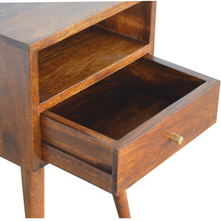 Mid-Century Modern Mini Chestnut Nightstand - Solid Mango Wood Bedside Table for Bedroom - product view 6 showing...