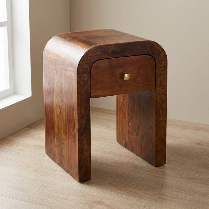 Mid-Century Modern Mini Darcy Chestnut Nightstand - Solid Mango Wood Bedside Table for Bedroom - main view showing...