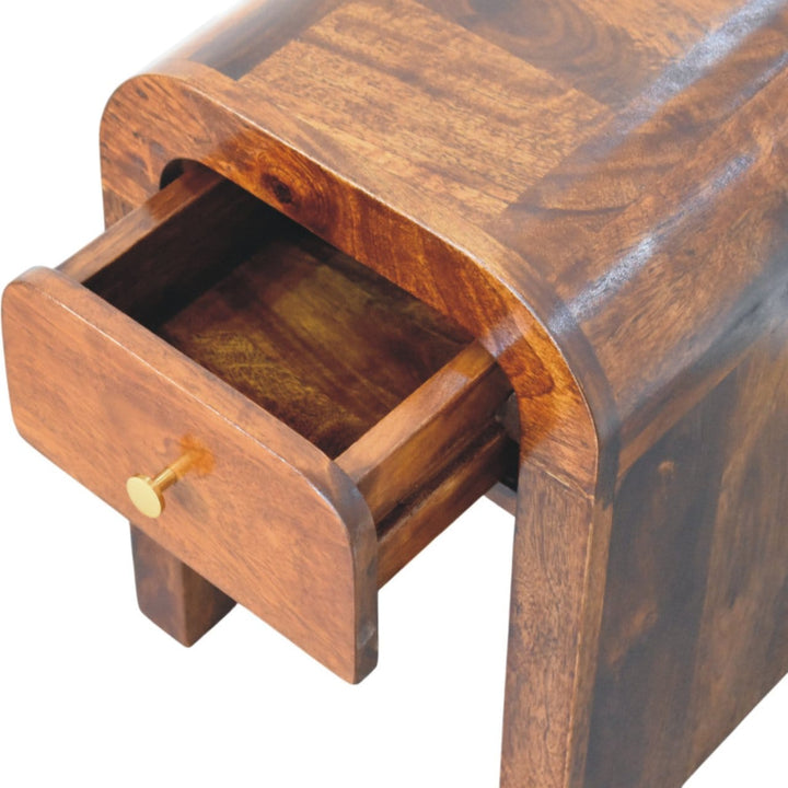 Mid-Century Modern Mini Darcy Chestnut Nightstand - Solid Mango Wood Bedside Table for Bedroom - product view 6 showing...