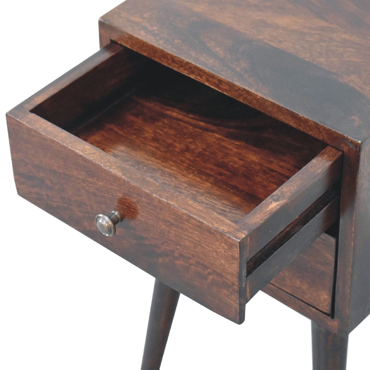 Mid-Century Modern Mini 2 Drawer Light Walnut Nightstand - Solid Mango Wood Bedside Table for Bedroom - product view 6...