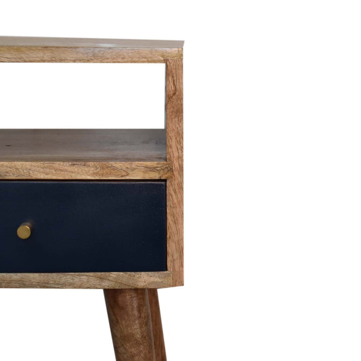 Mid-Century Modern Mini Navy Blue Hand Painted Nightstand - Solid Mango Wood Bedside Table for Bedroom - product view 3...
