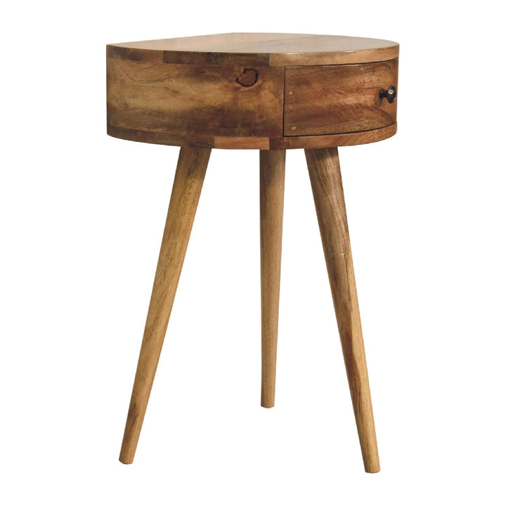Mid-Century Modern Mini Oak-ish Circular Shape Nightstand - Solid Mango Wood Bedside Table for Bedroom - product view 4...