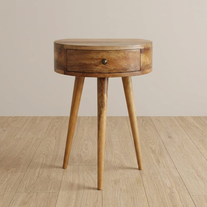 Mid-Century Modern Mini Oak-ish Circular Shape Nightstand - Solid Mango Wood Bedside Table for Bedroom - main view...