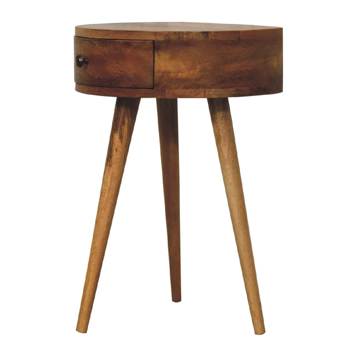 Mid-Century Modern Mini Oak-ish Circular Shape Nightstand - Solid Mango Wood Bedside Table for Bedroom - product view 3...