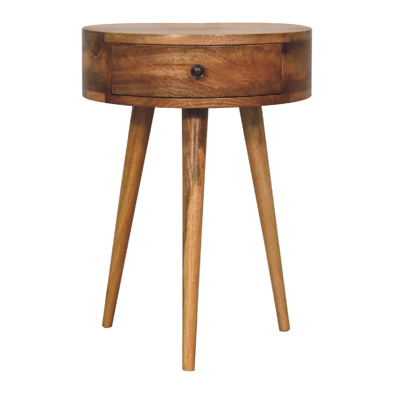 Mid-Century Modern Mini Oak-ish Circular Shape Nightstand - Solid Mango Wood Bedside Table for Bedroom - product view 2...