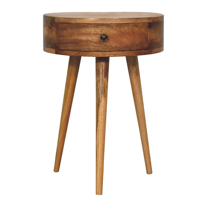 Mid-Century Modern Mini Oak-ish Circular Shape Nightstand - Solid Mango Wood Bedside Table for Bedroom - product view 2...