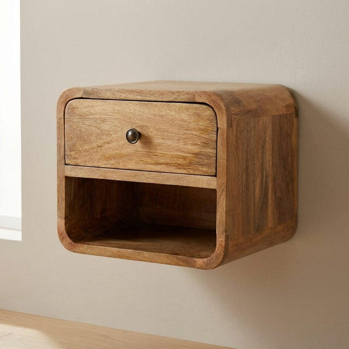 Mid-Century Modern Mini Oak-ish Floating Open Nightstand - Solid Mango Wood Bedside Table for Bedroom - main view showing...