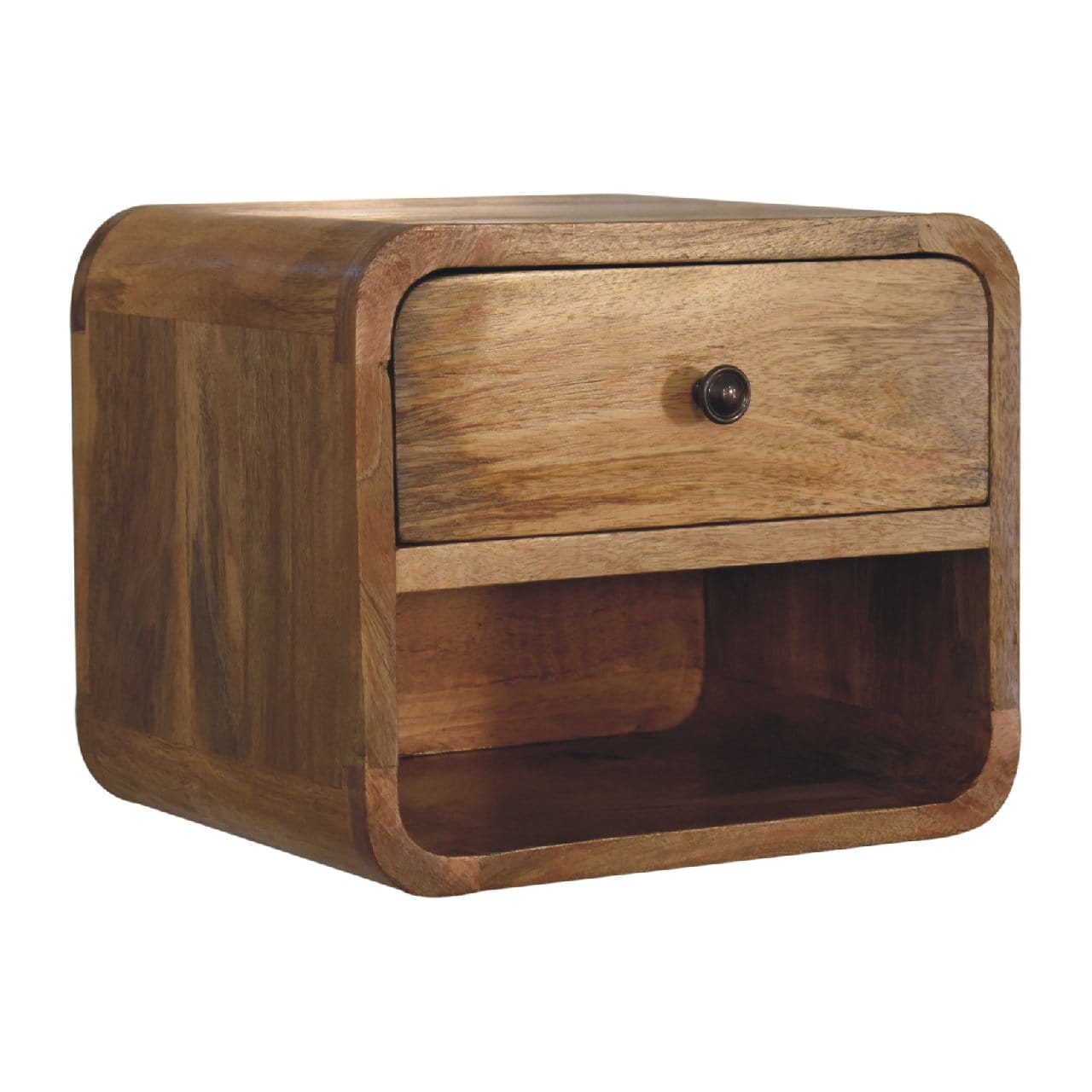 Mid-Century Modern Mini Oak-ish Floating Open Nightstand - Solid Mango Wood Bedside Table for Bedroom - product view 3...