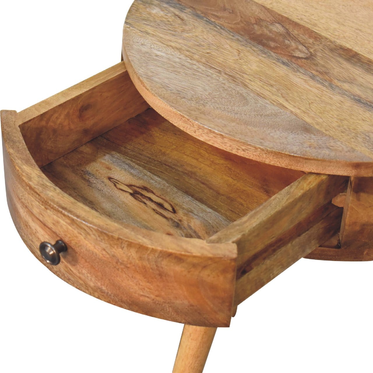 Mid-Century Modern Mini Oak-ish Circular Shape Nightstand - Solid Mango Wood Bedside Table for Bedroom - product view 6...