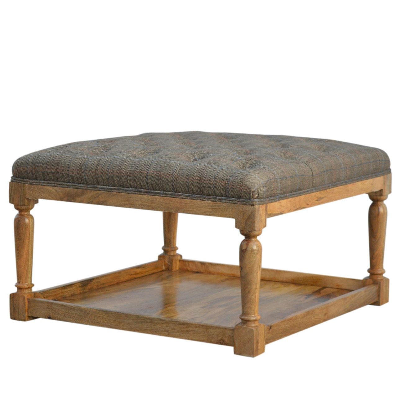 Mid-Century Modern Multi Tweed Footstool - Solid Mango Wood Accent Stool for Living Room - product view 2 showing...