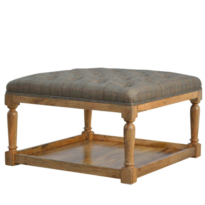 Mid-Century Modern Multi Tweed Footstool - Solid Mango Wood Accent Stool for Living Room - product view 2 showing...