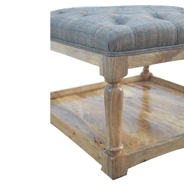 Mid-Century Modern Multi Tweed Footstool - Solid Mango Wood Accent Stool for Living Room - product view 6 showing...