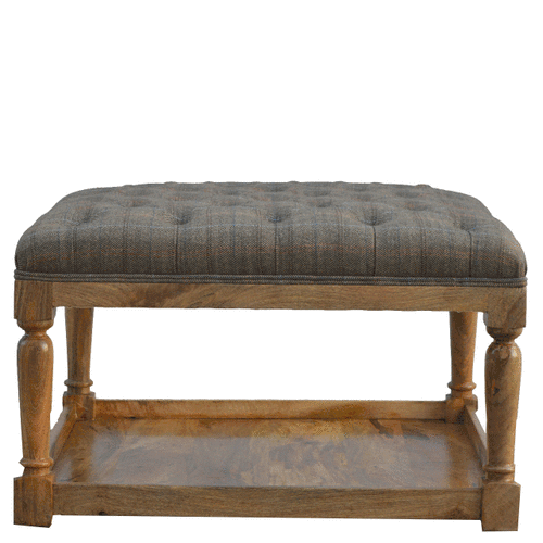 Mid-Century Modern Multi Tweed Footstool - Solid Mango Wood Accent Stool for Living Room - product view 8 showing...