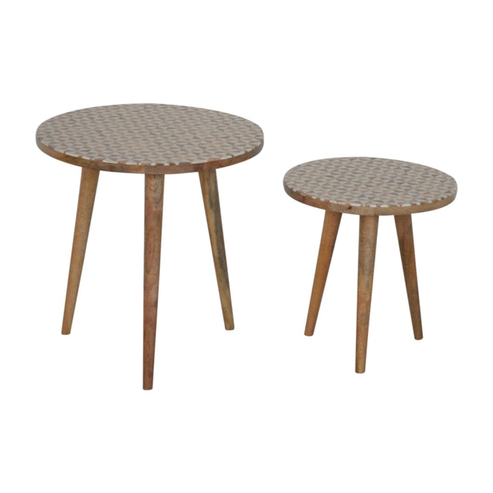 Mid-Century Modern White Pattern Footstool - Solid Mango Wood Accent Stool for Living Room - product view 3 showing...