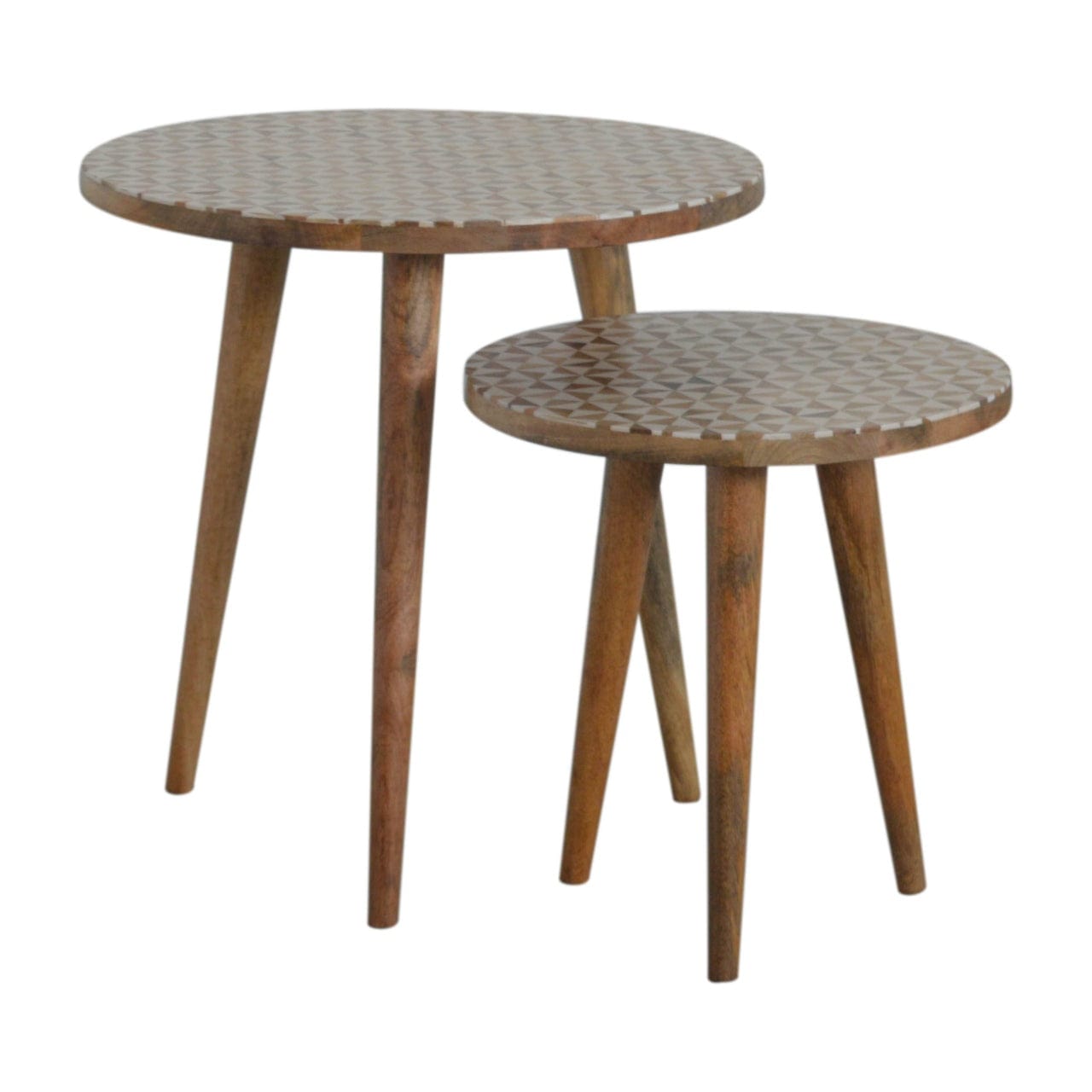 Mid-Century Modern White Pattern Footstool - Solid Mango Wood Accent Stool for Living Room - product view 2 showing...