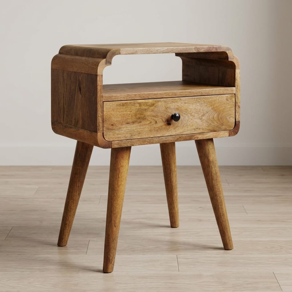 Mid-Century Modern Newton Oak-ish Nightstand - Solid Mango Wood Bedside Table for Bedroom - main view showing handcrafted...
