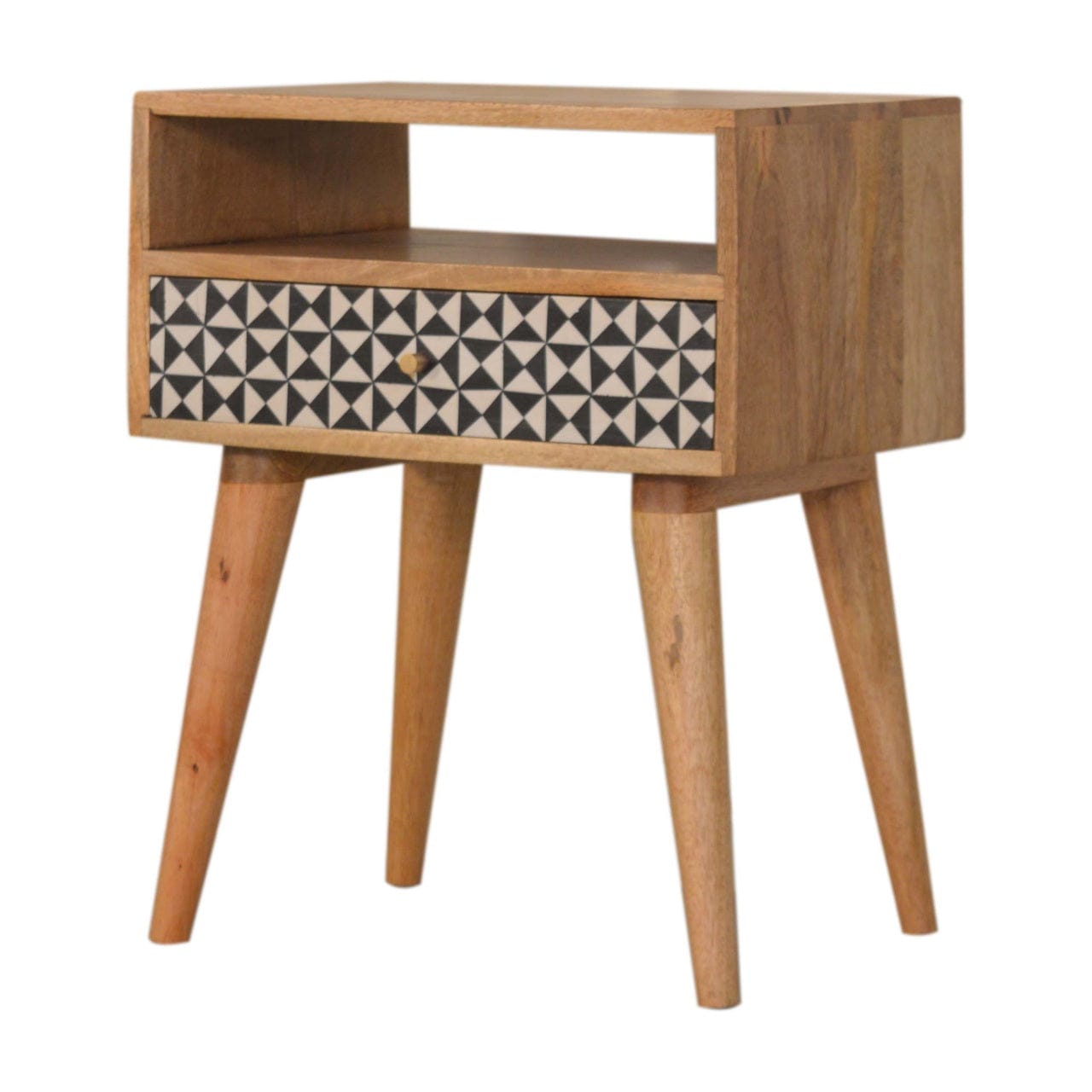 Mid-Century Modern Rafina Nightstand - Solid Mango Wood Bedside Table for Bedroom - product view 2 showing handcrafted...