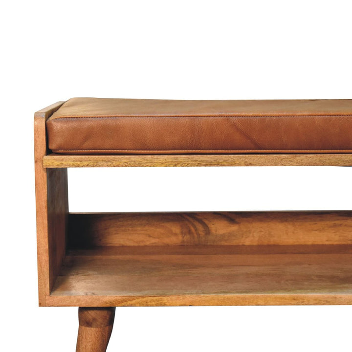 Mid-Century Modern Oak-ish Bench - Solid Mango Wood Seating Furniture for Entryway - product view 4 showing handcrafted...