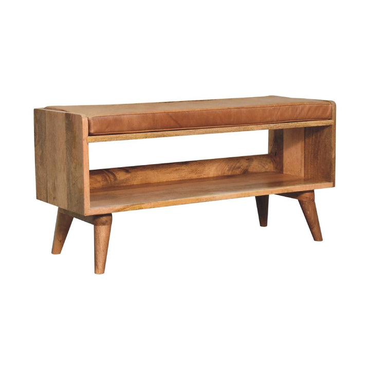 Mid-Century Modern Oak-ish Bench - Solid Mango Wood Seating Furniture for Entryway - product view 3 showing handcrafted...