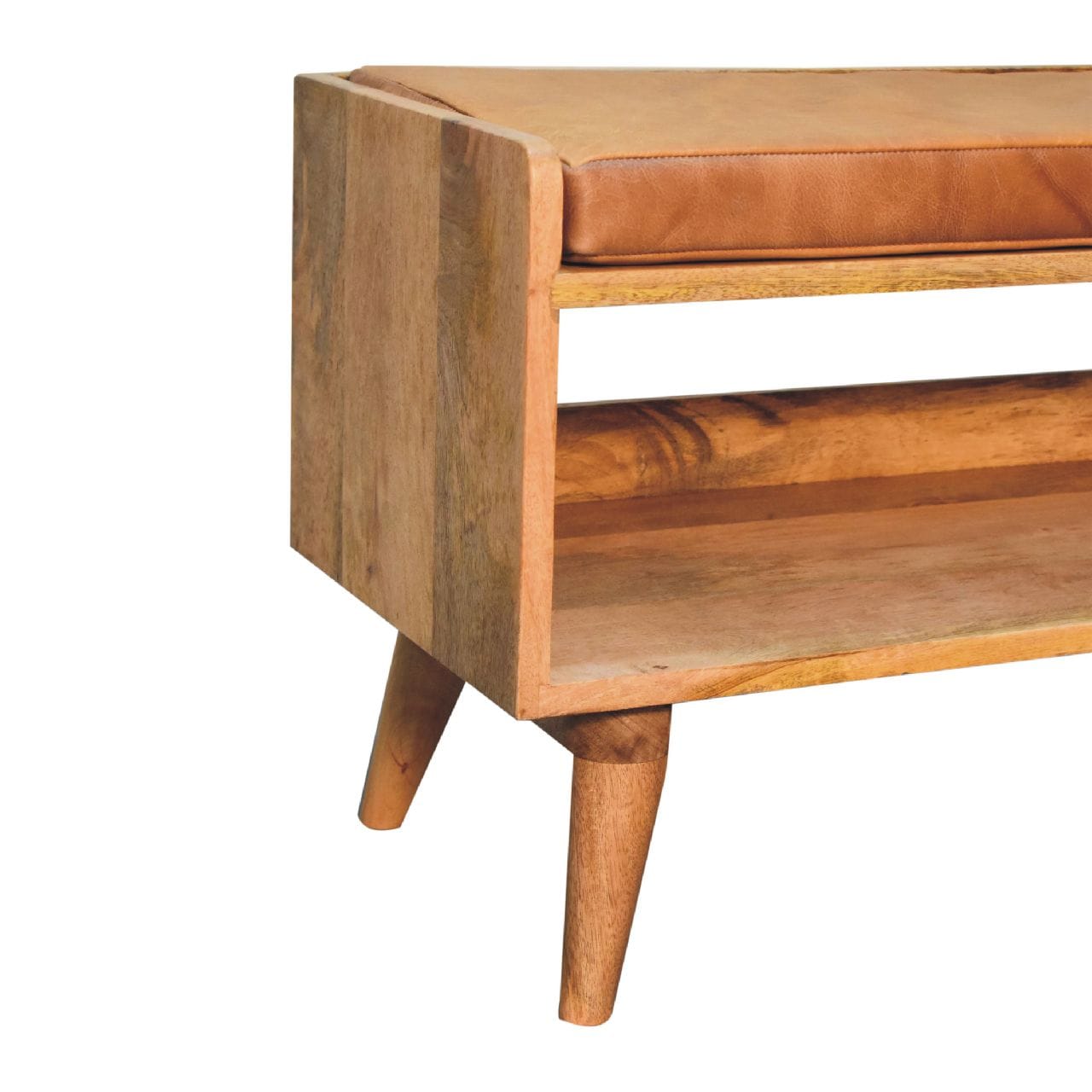 Mid-Century Modern Oak-ish Bench - Solid Mango Wood Seating Furniture for Entryway - product view 6 showing handcrafted...