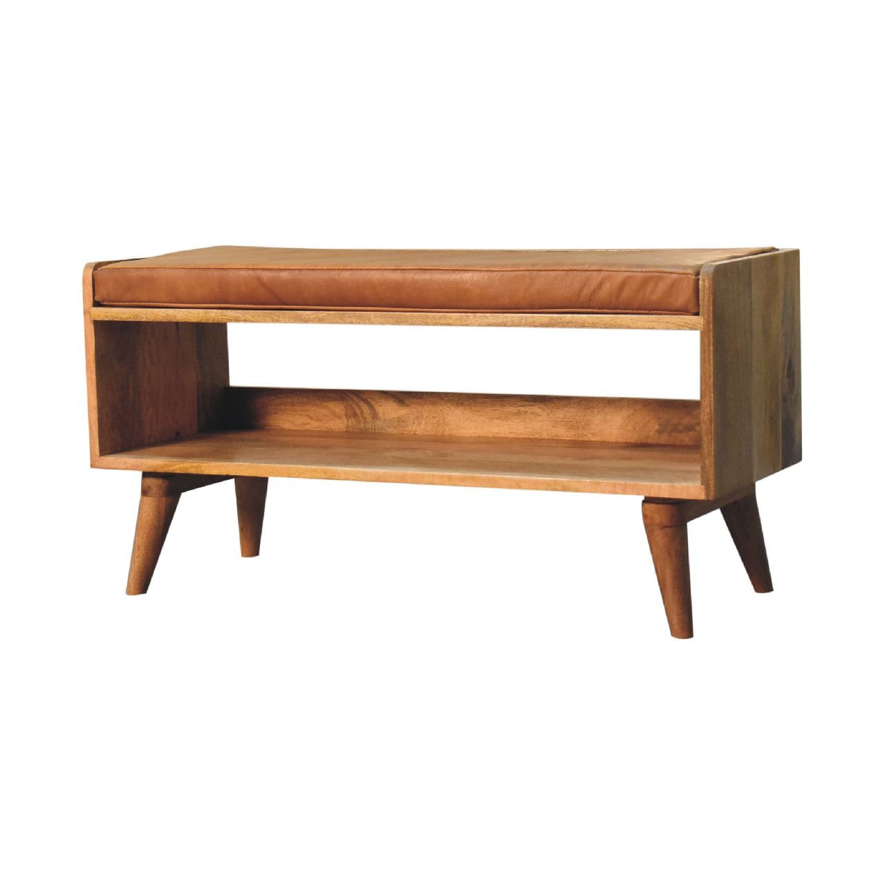 Mid-Century Modern Oak-ish Bench - Solid Mango Wood Seating Furniture for Entryway - product view 2 showing handcrafted...