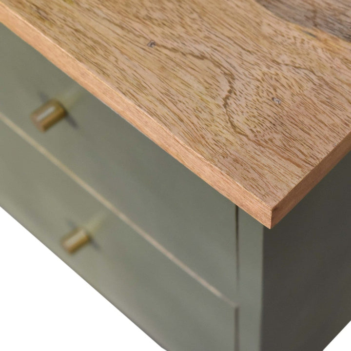 Mid-Century Modern Olive Hand Painted Nightstand - Solid Mango Wood Bedside Table for Bedroom - product view 4 showing...