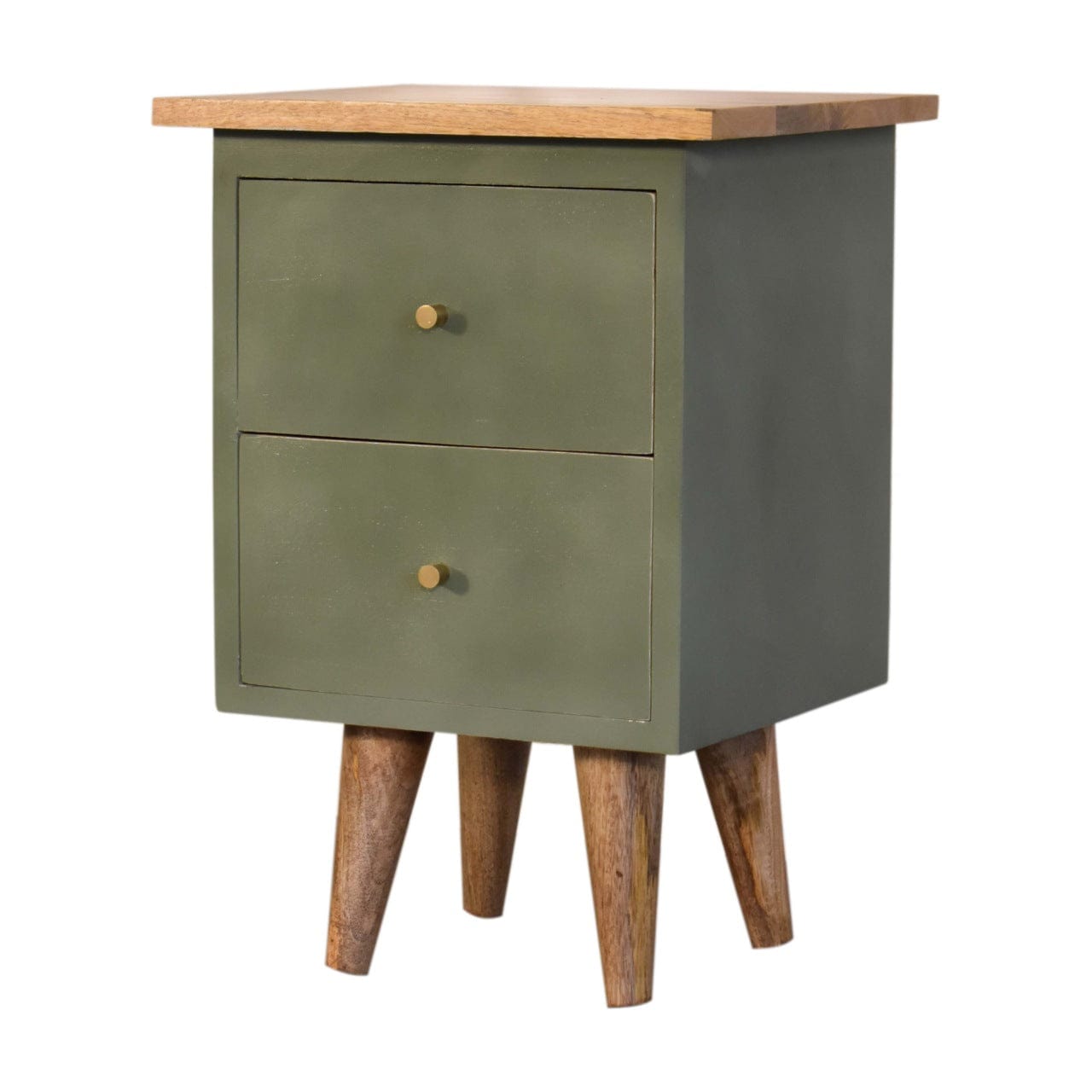 Mid-Century Modern Olive Hand Painted Nightstand - Solid Mango Wood Bedside Table for Bedroom - product view 2 showing...