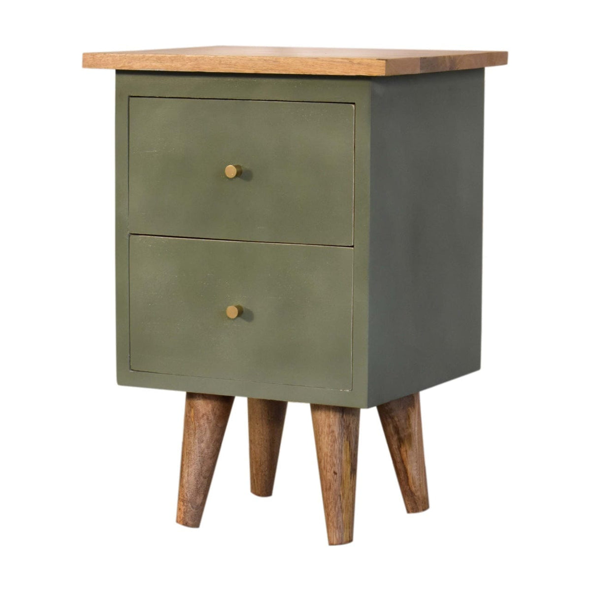Mid-Century Modern Olive Hand Painted Nightstand - Solid Mango Wood Bedside Table for Bedroom - product view 2 showing...