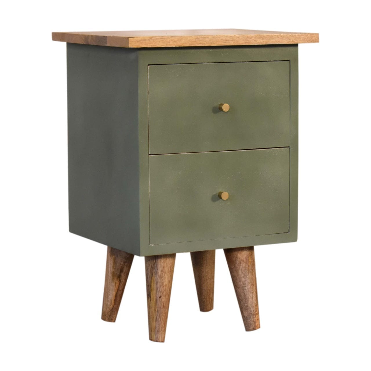 Mid-Century Modern Olive Hand Painted Nightstand - Solid Mango Wood Bedside Table for Bedroom - main view showing...