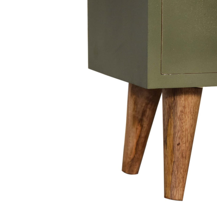 Mid-Century Modern Olive Hand Painted Nightstand - Solid Mango Wood Bedside Table for Bedroom - product view 6 showing...