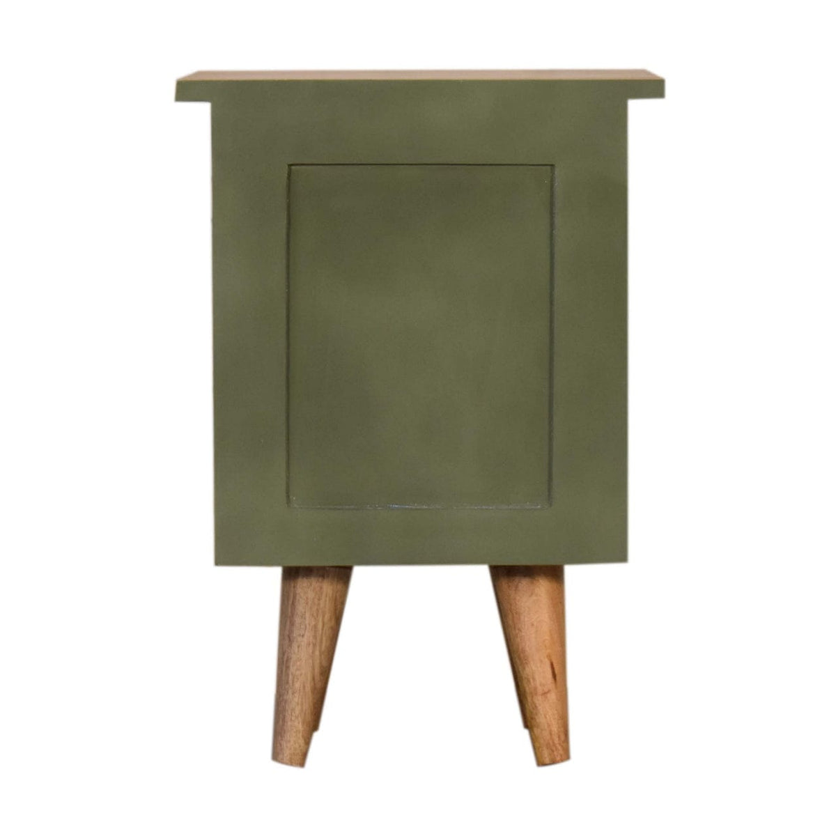 Mid-Century Modern Olive Hand Painted Nightstand - Solid Mango Wood Bedside Table for Bedroom - product view 8 showing...