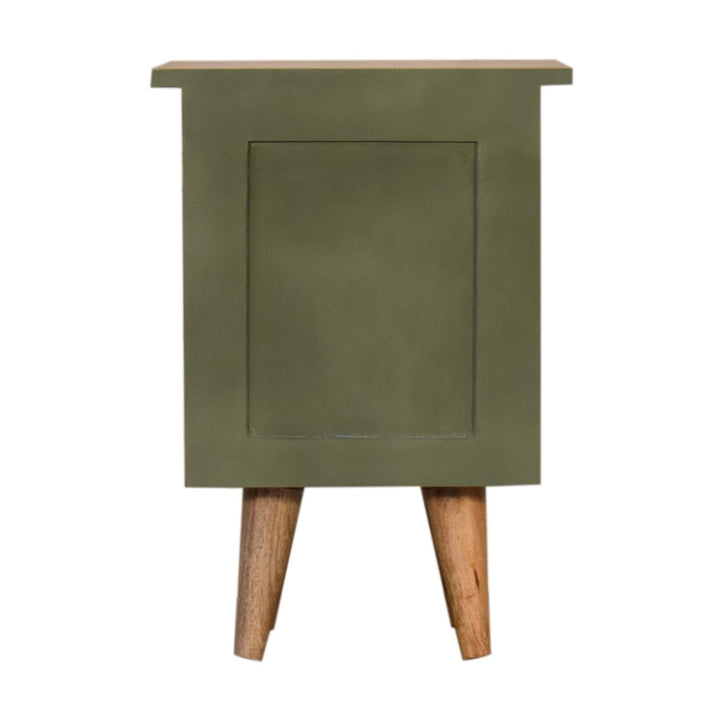 Mid-Century Modern Olive Hand Painted Nightstand - Solid Mango Wood Bedside Table for Bedroom - product view 8 showing...