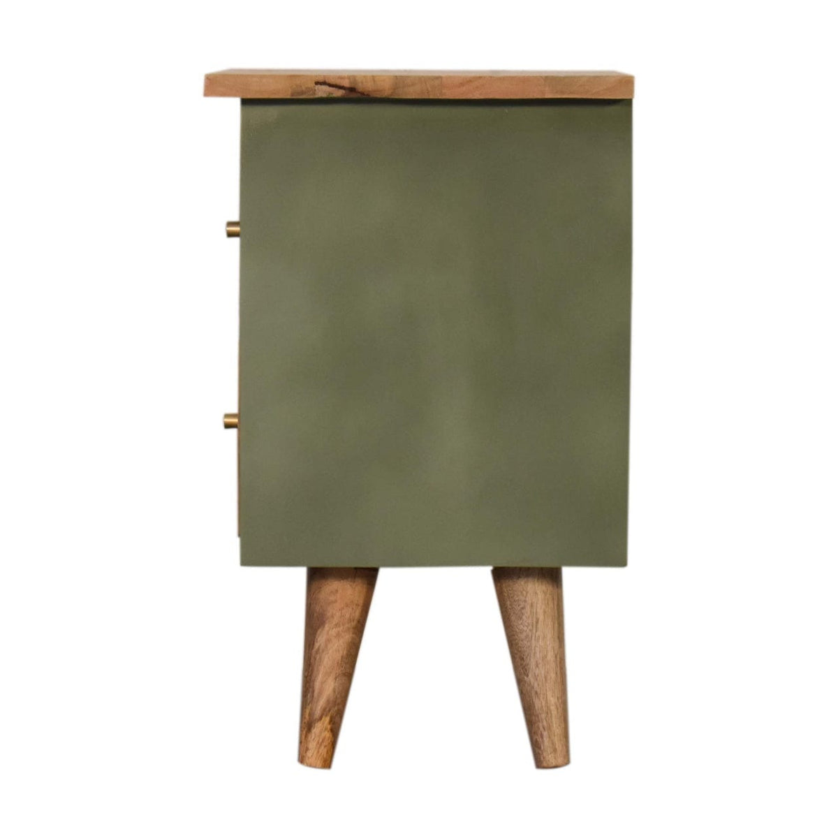 Mid-Century Modern Olive Hand Painted Nightstand - Solid Mango Wood Bedside Table for Bedroom - product view 7 showing...