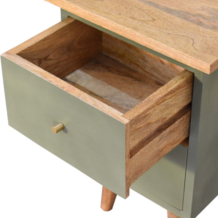 Mid-Century Modern Olive Hand Painted Nightstand - Solid Mango Wood Bedside Table for Bedroom - product view 5 showing...