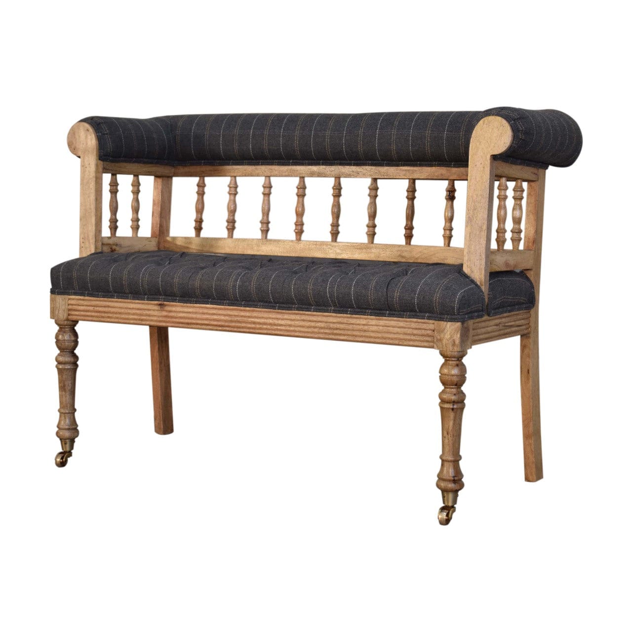 Mid-Century Modern Pewter Deep Button Hallway Bench - Solid Mango Wood Seating Furniture for Entryway - product view 2...