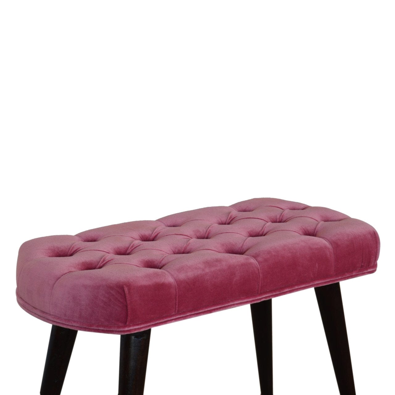 Mid-Century Modern Pink Cotton Velvet Button Bench - Solid Mango Wood Seating Furniture for Entryway - product view 4...