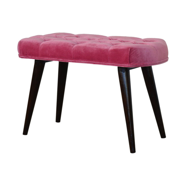 Mid-Century Modern Pink Cotton Velvet Button Bench - Solid Mango Wood Seating Furniture for Entryway - product view 2...
