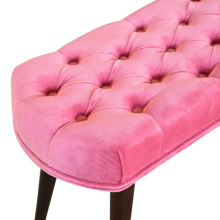 Mid-Century Modern Pink Cotton Velvet Button Bench - Solid Mango Wood Seating Furniture for Entryway - product view 5...
