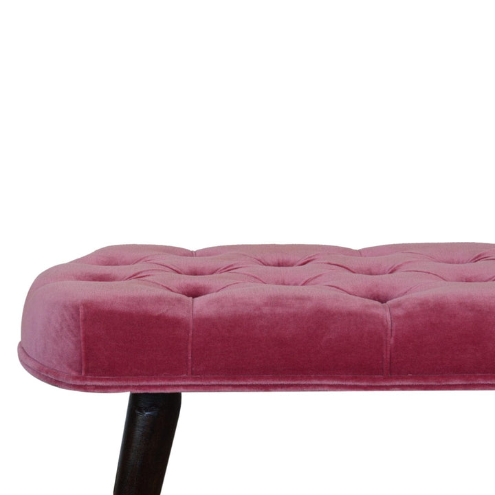 Mid-Century Modern Pink Cotton Velvet Button Bench - Solid Mango Wood Seating Furniture for Entryway - product view 3...
