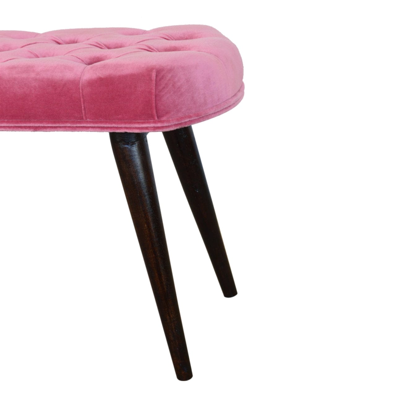 Mid-Century Modern Pink Cotton Velvet Button Bench - Solid Mango Wood Seating Furniture for Entryway - product view 6...